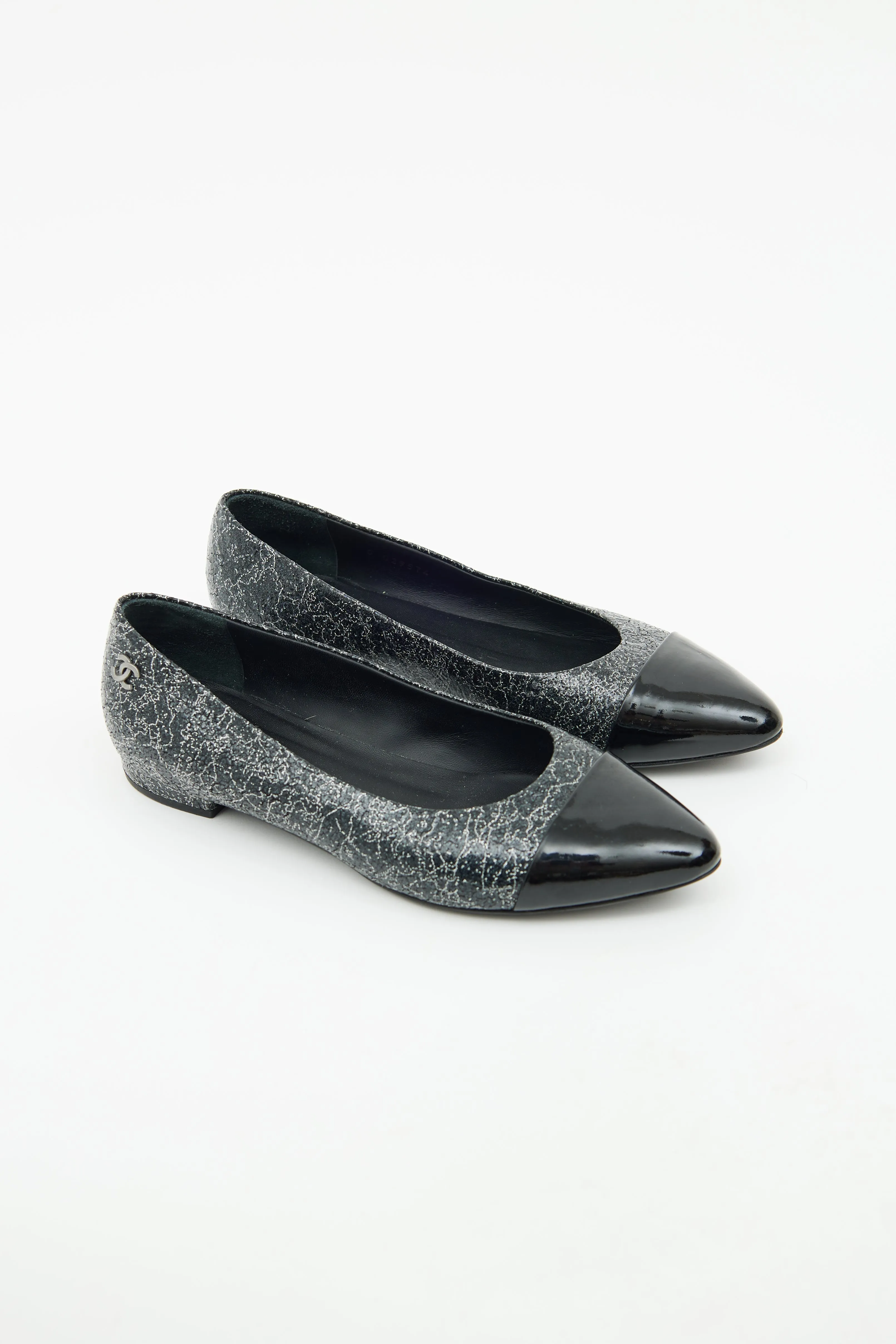 Black & Silver Patent Cap Toe Flat