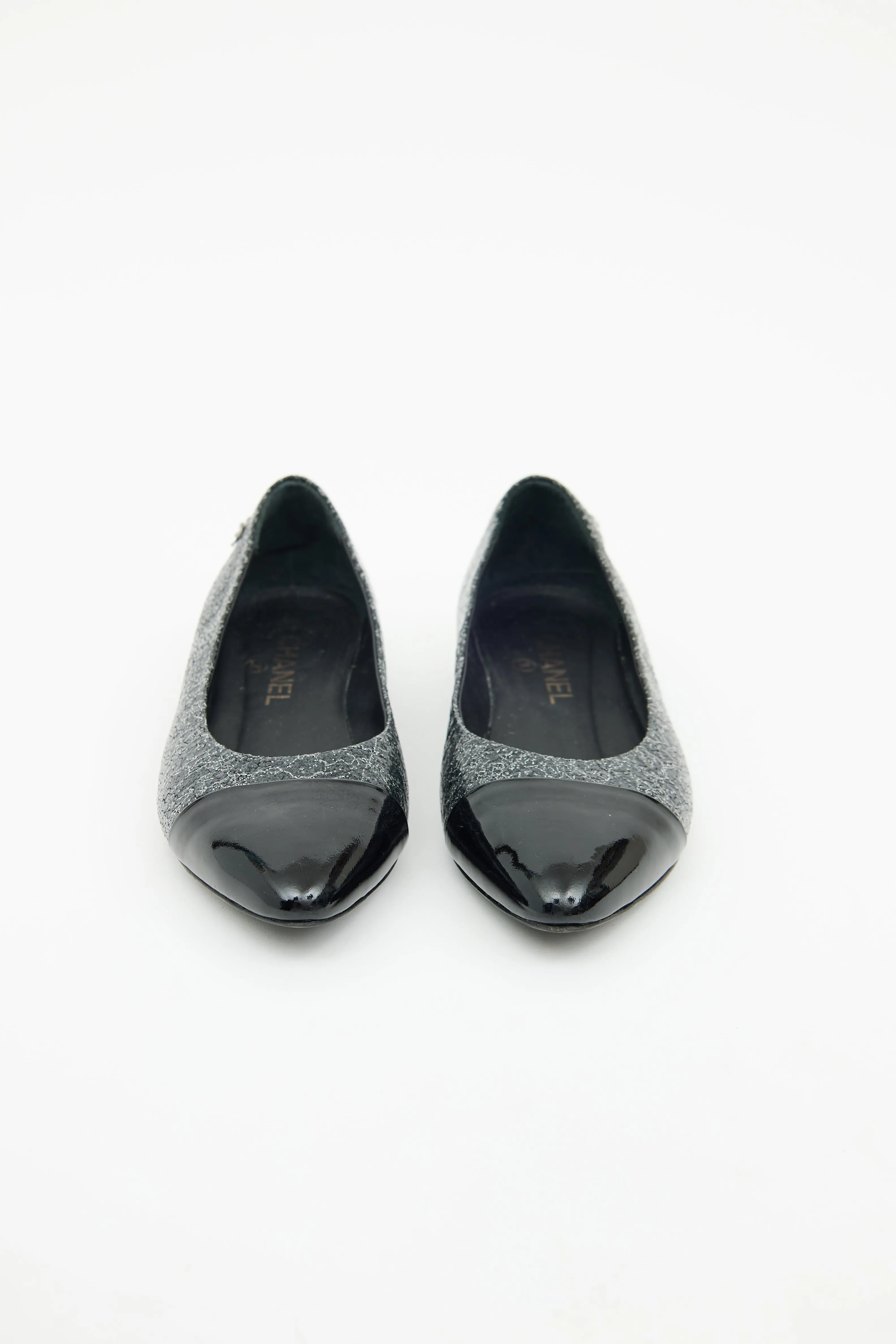 Black & Silver Patent Cap Toe Flat