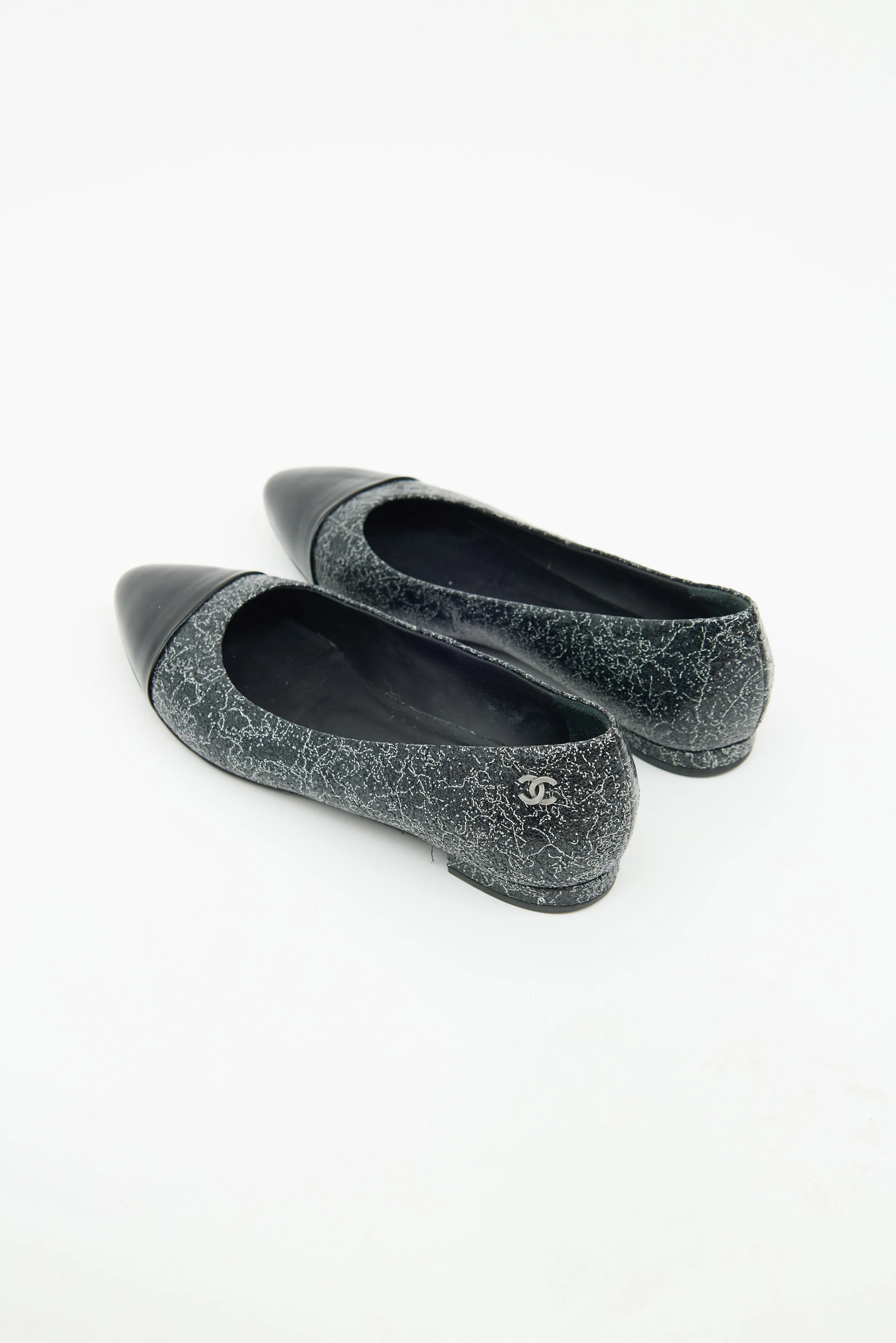 Black & Silver Patent Cap Toe Flat