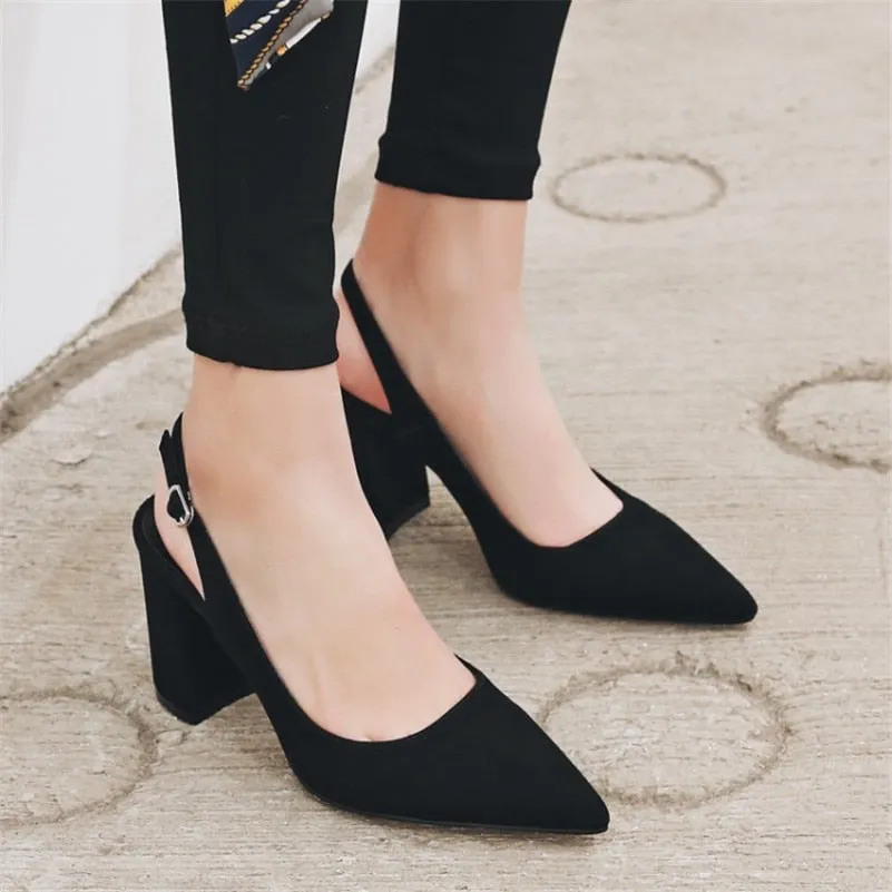 Buckle Pointed Toe鑱絊uede Chunky Heel High Heels