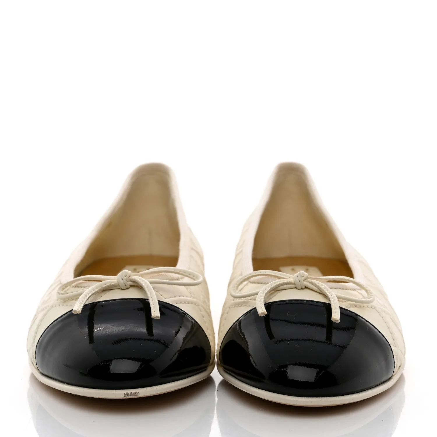 CHANEL LAMBSKIN & PATENT DOUBLE STITCHED CC CAP TOE BALLERINA FLATS