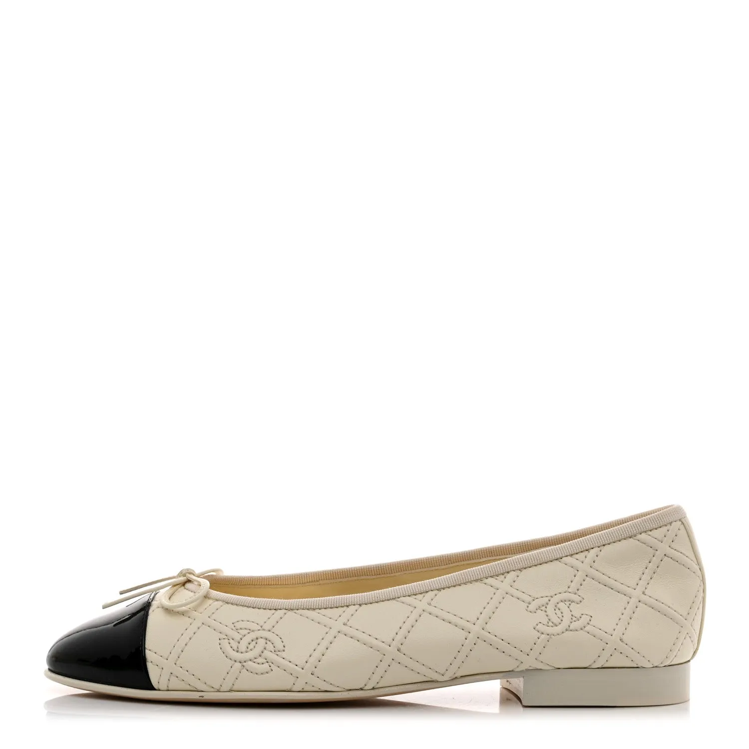 CHANEL LAMBSKIN & PATENT DOUBLE STITCHED CC CAP TOE BALLERINA FLATS