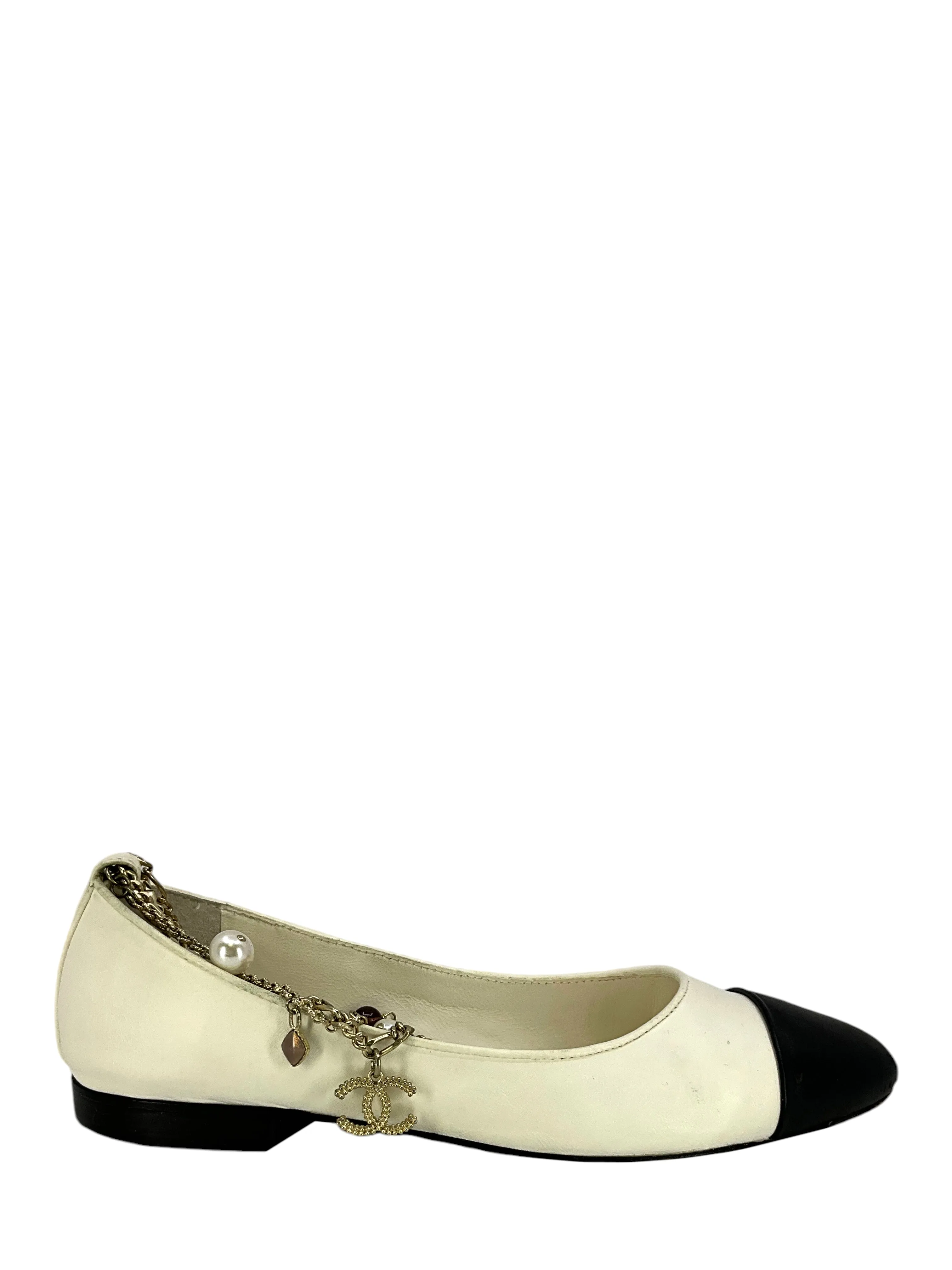 CHANEL Lambskin Ankle Chain Cap Toe Ballerina Flats Size 8