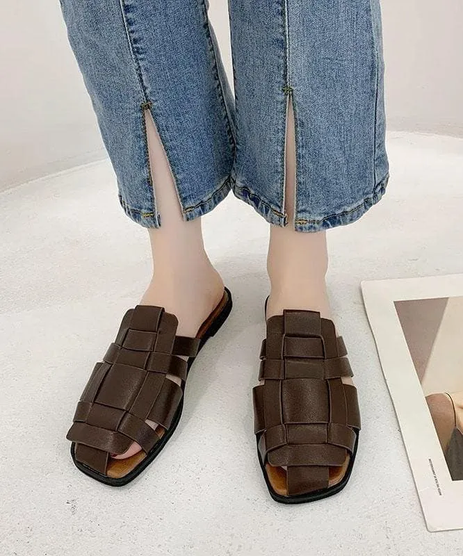 Faux Leather Boho Chocolate Hollow Out Thong Sandals Slide Sandals