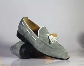 Handmade Men's Gray Suede Tassel Loafer, Men Dress Formal Shoes