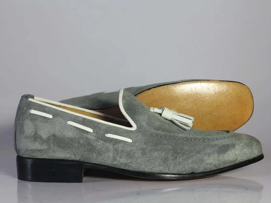 Handmade Men's Gray Suede Tassel Loafer, Men Dress Formal Shoes