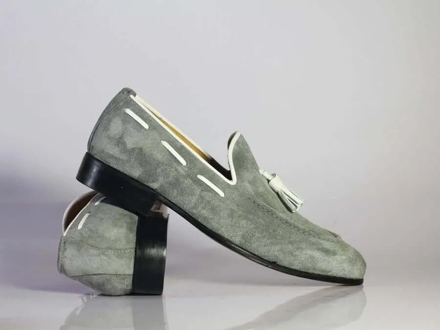 Handmade Men's Gray Suede Tassel Loafer, Men Dress Formal Shoes