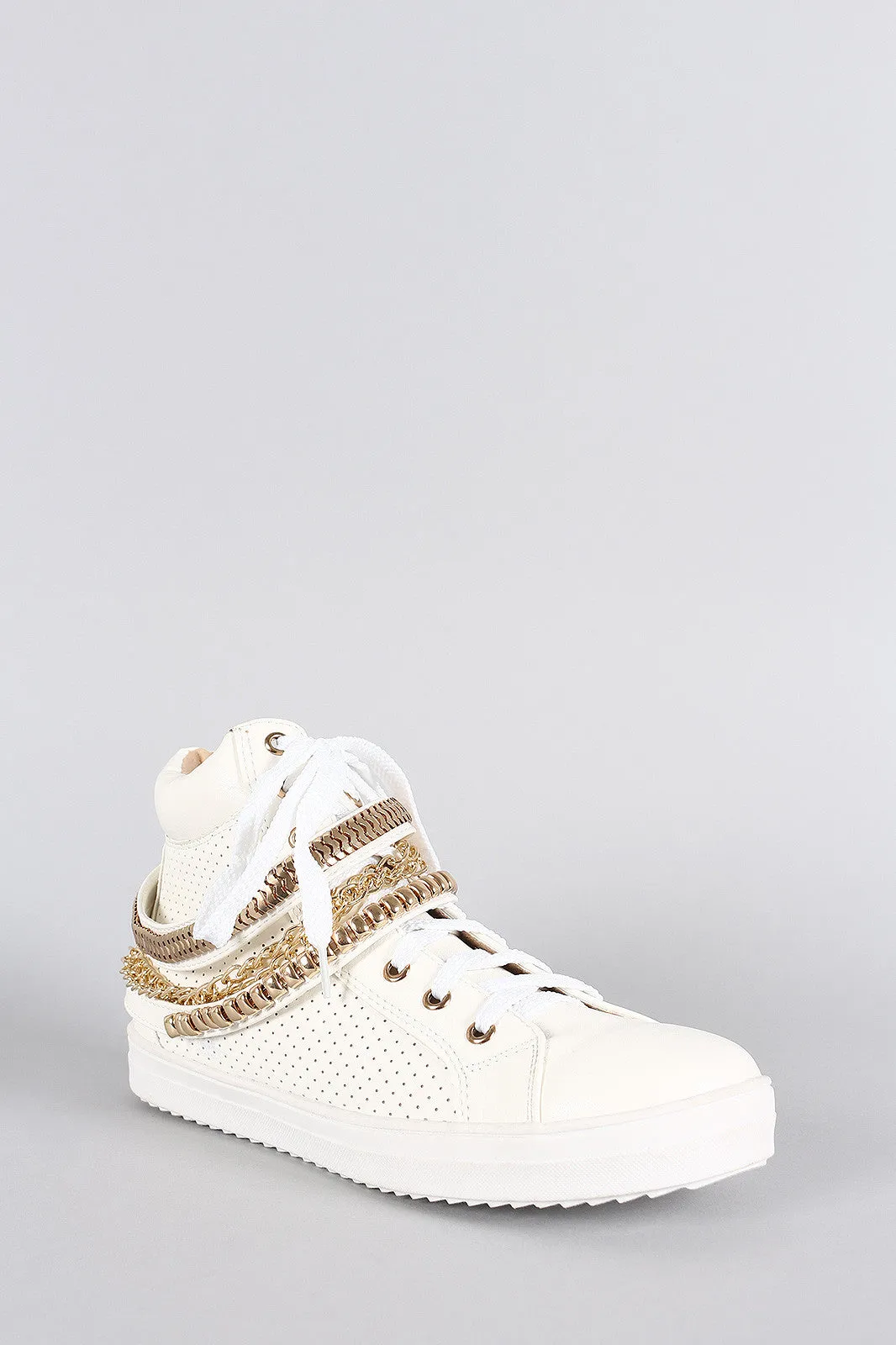 Liliana Perforated Multiple Chains High Top Lace Up Sneaker