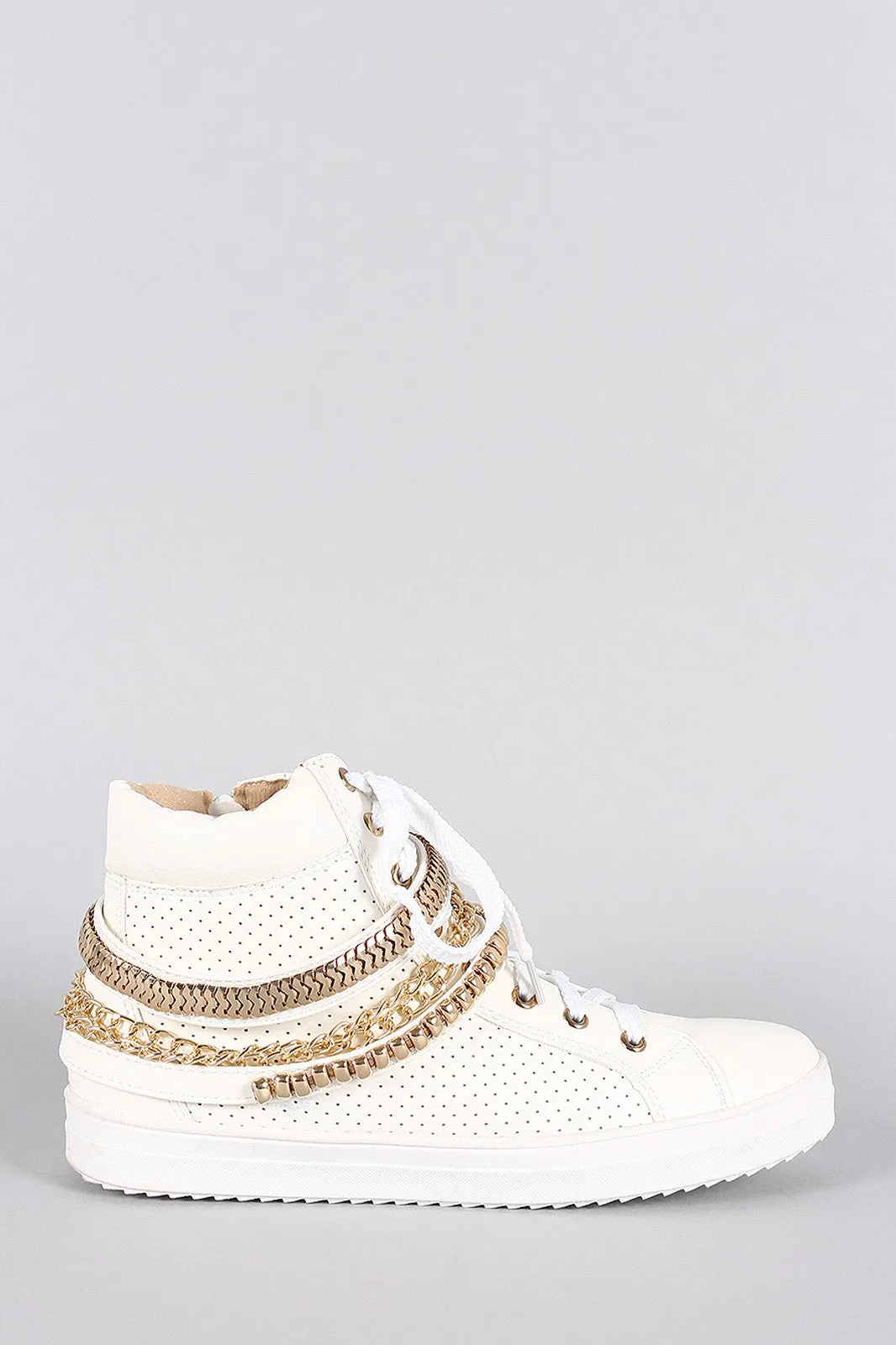 Liliana Perforated Multiple Chains High Top Lace Up Sneaker