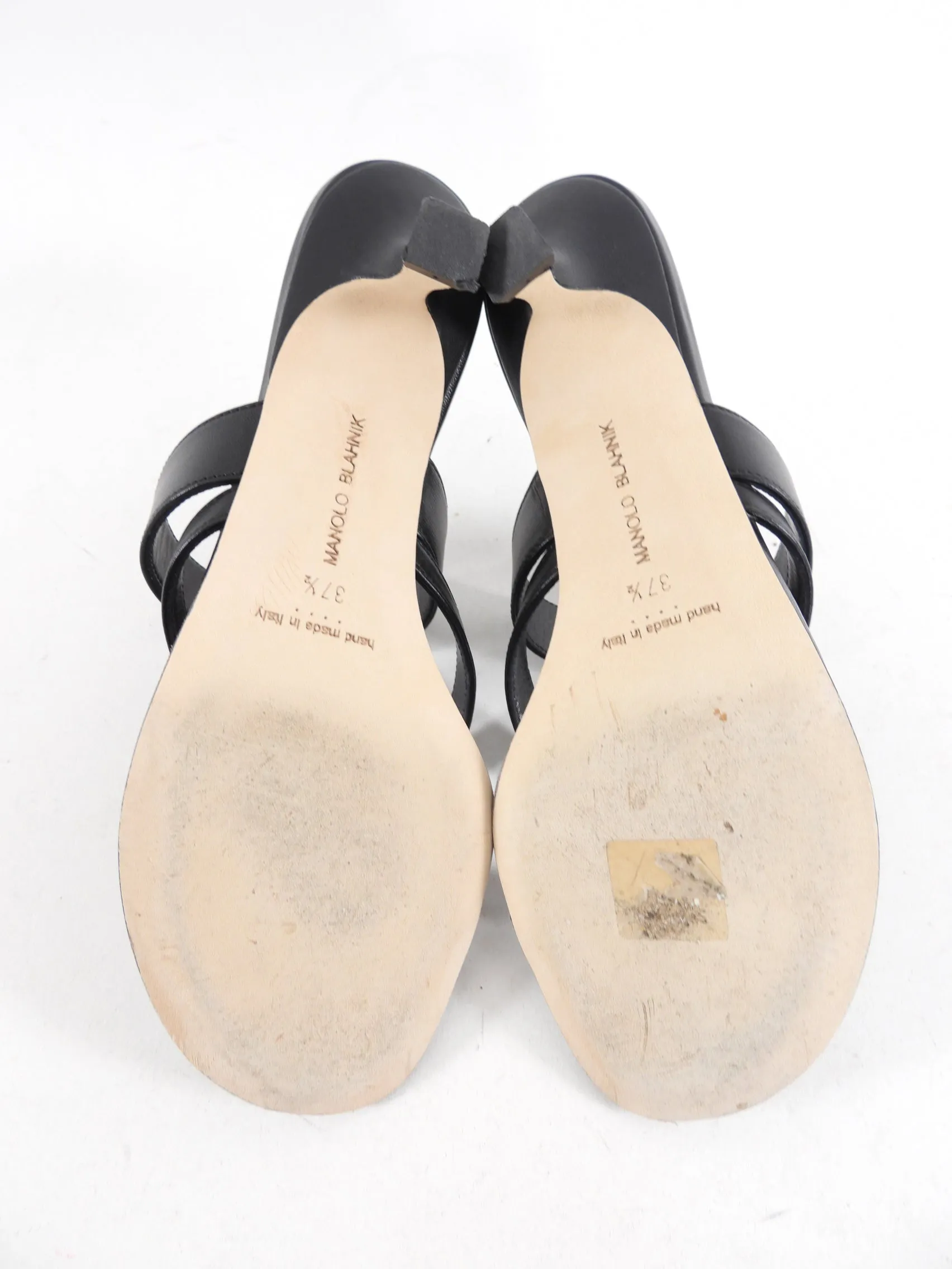 Manolo Blahnik Black Leather Thong Heel Sandals - 37