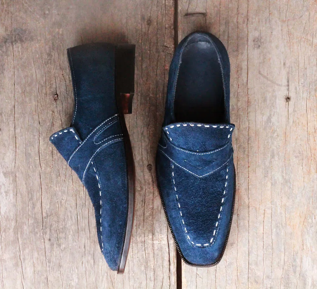 Men's Handmade Navy Blue Suede Penny Loafers, Men Designer Formal Dress Luxury Shoes