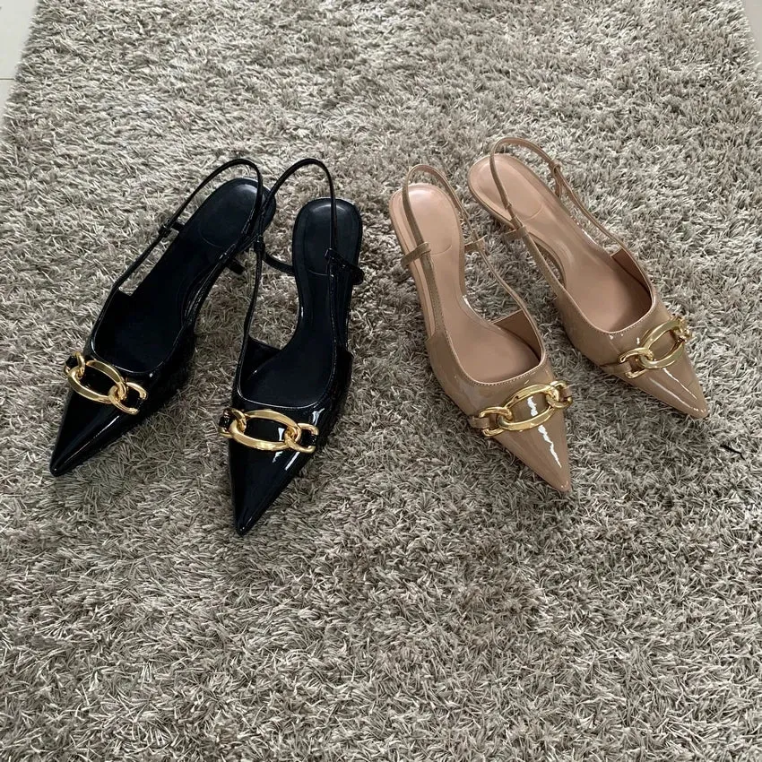 Pointed Toe Slingback with Kitten Heel and Gold Buckle