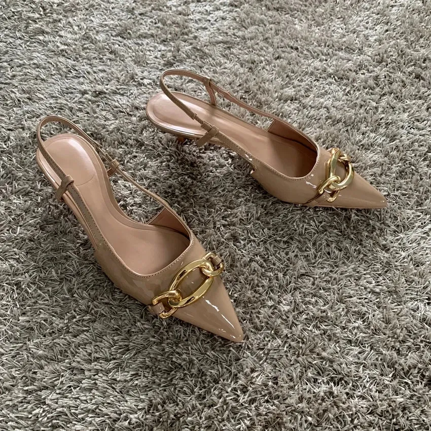 Pointed Toe Slingback with Kitten Heel and Gold Buckle