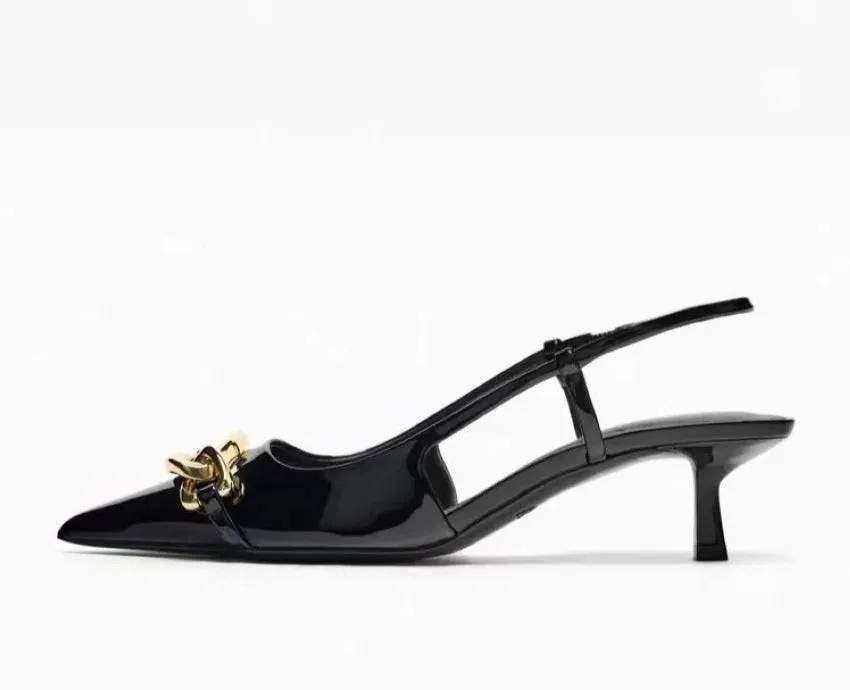 Pointed Toe Slingback with Kitten Heel and Gold Buckle