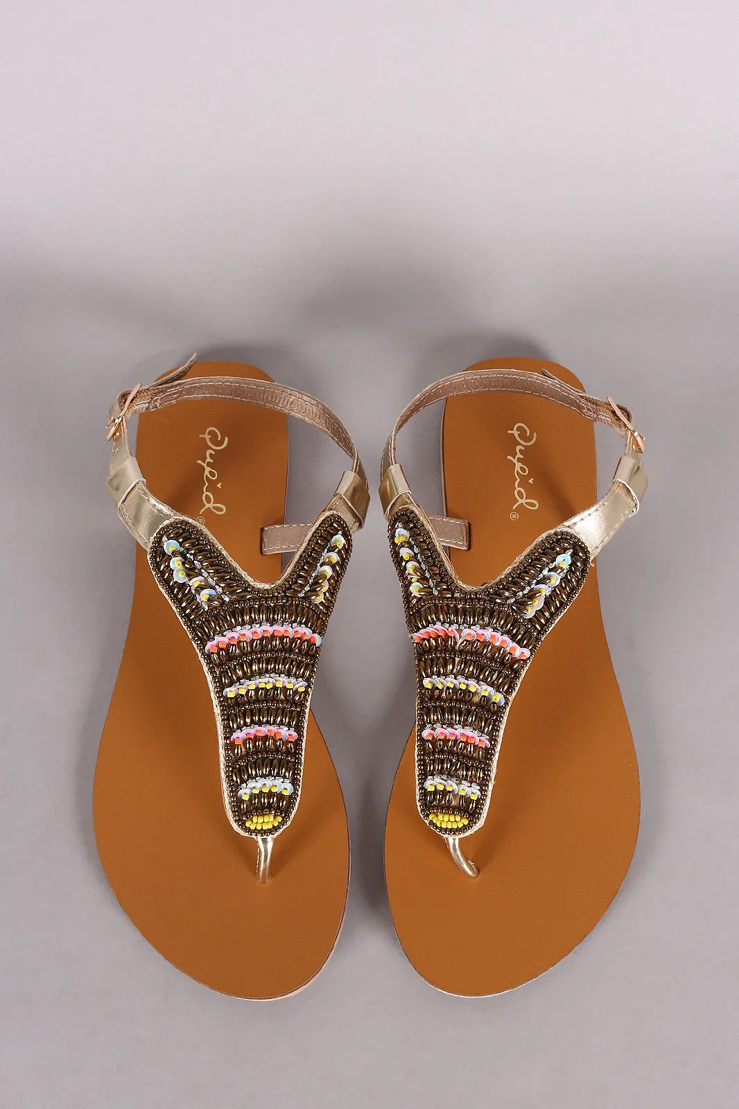 Qupid T-Strap Beadwork Thong Flat Sandals