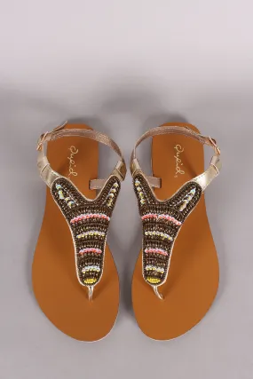 Qupid T-Strap Beadwork Thong Flat Sandals